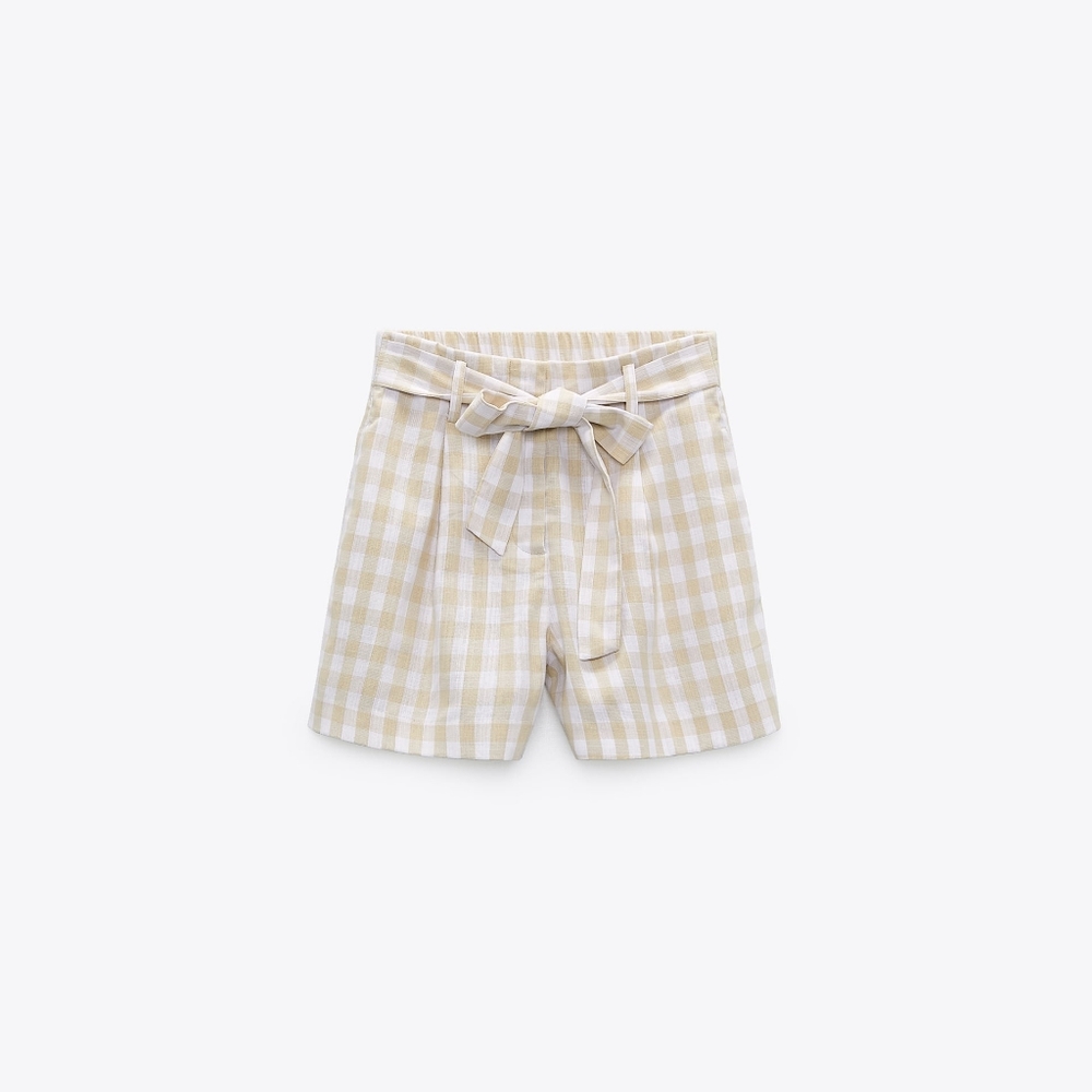 Nwt zara gingham linen blend beige paperbag waist shorts
